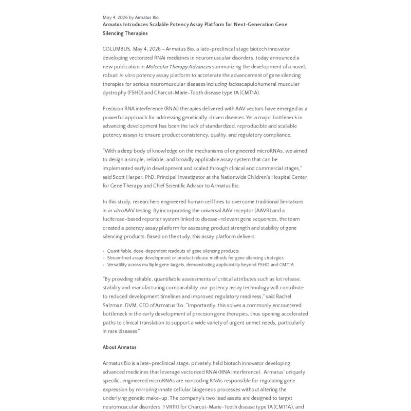 Close-up of an interior page on the Armatus Bio website