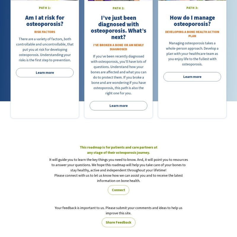 Close-up of a homepage section on the Path to Good Bone Health (BHOF) website