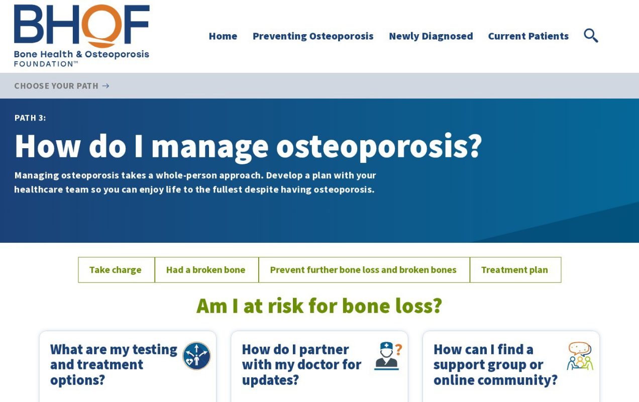 Interior page layout of the Path to Good Bone Health (BHOF) website