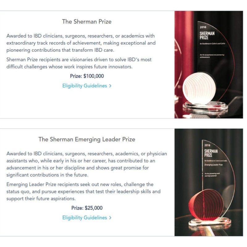Closeup of Sherman Prize and Emerging Leader Prize cards