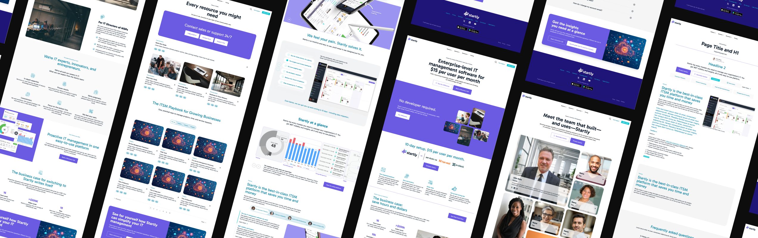 Montage of Startly ITSM software website page designs by Back Pocket Media