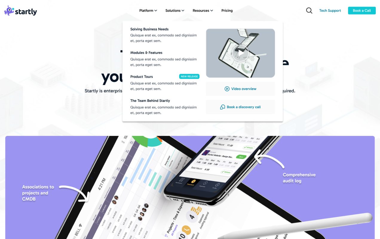 Startly mega menu navigation design
