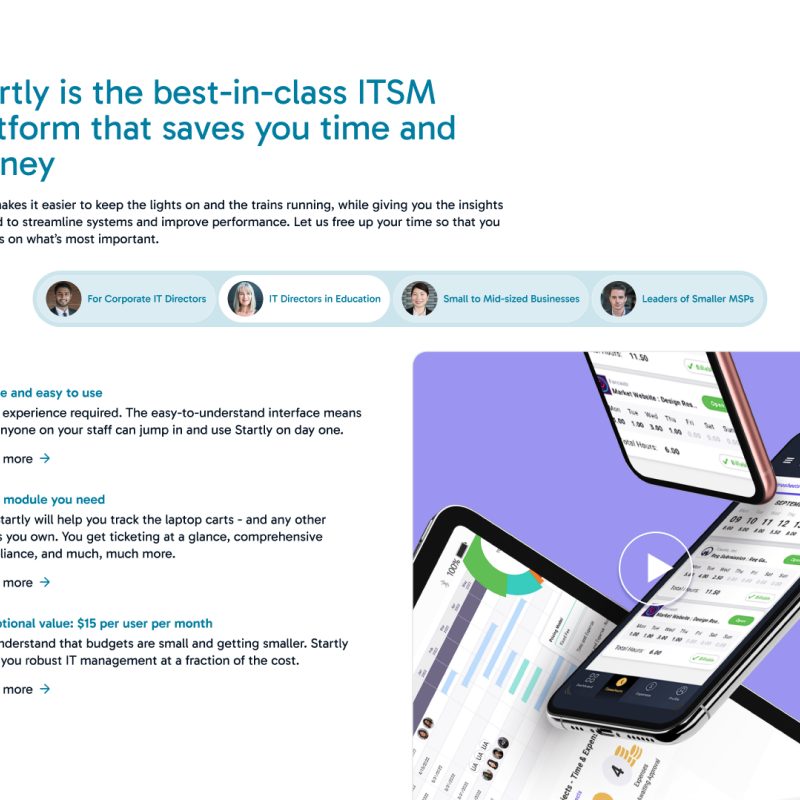 Close-up of the Startly tabbed module feature section