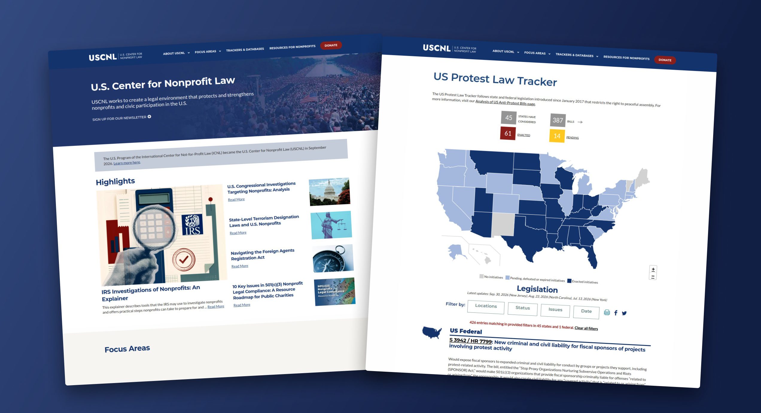 USCNL homepage and U.S. Protest Law Tracker